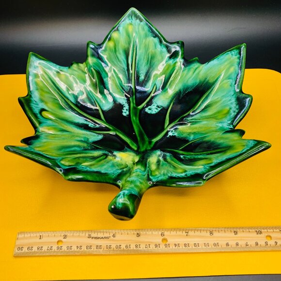 70s Beauceware Oversized Green Maple Leaf Ceramic Console Bowl Organic Decor - Picture 9 of 11